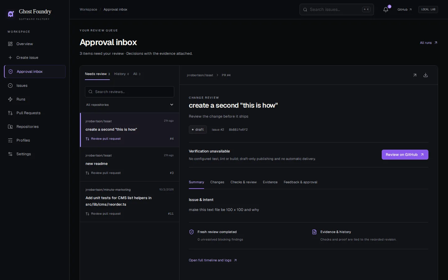 Ghost Foundry approval inbox with a change ready for review