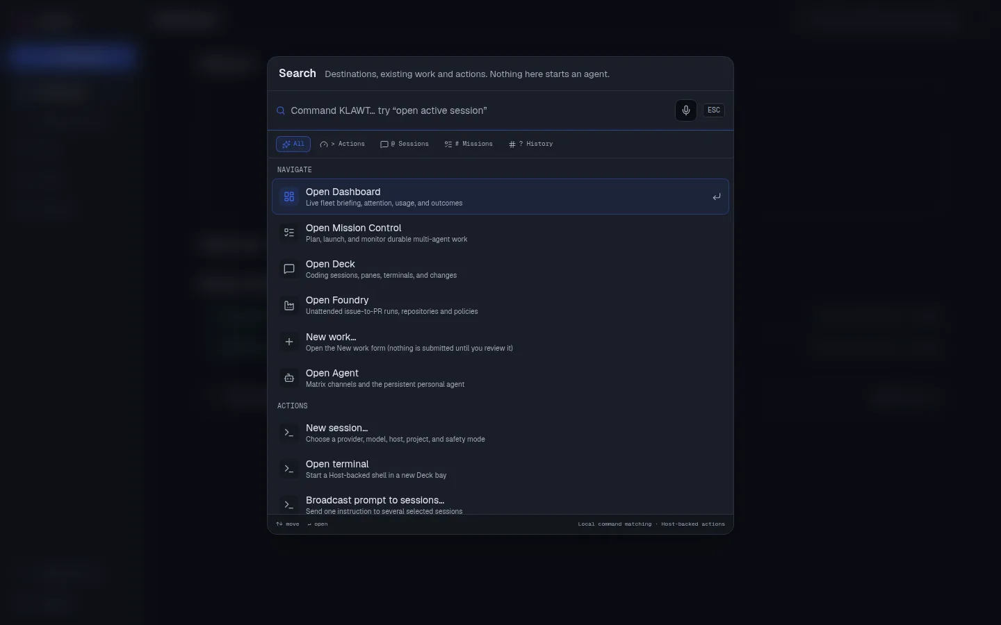 KLAWT command palette listing actions across sessions