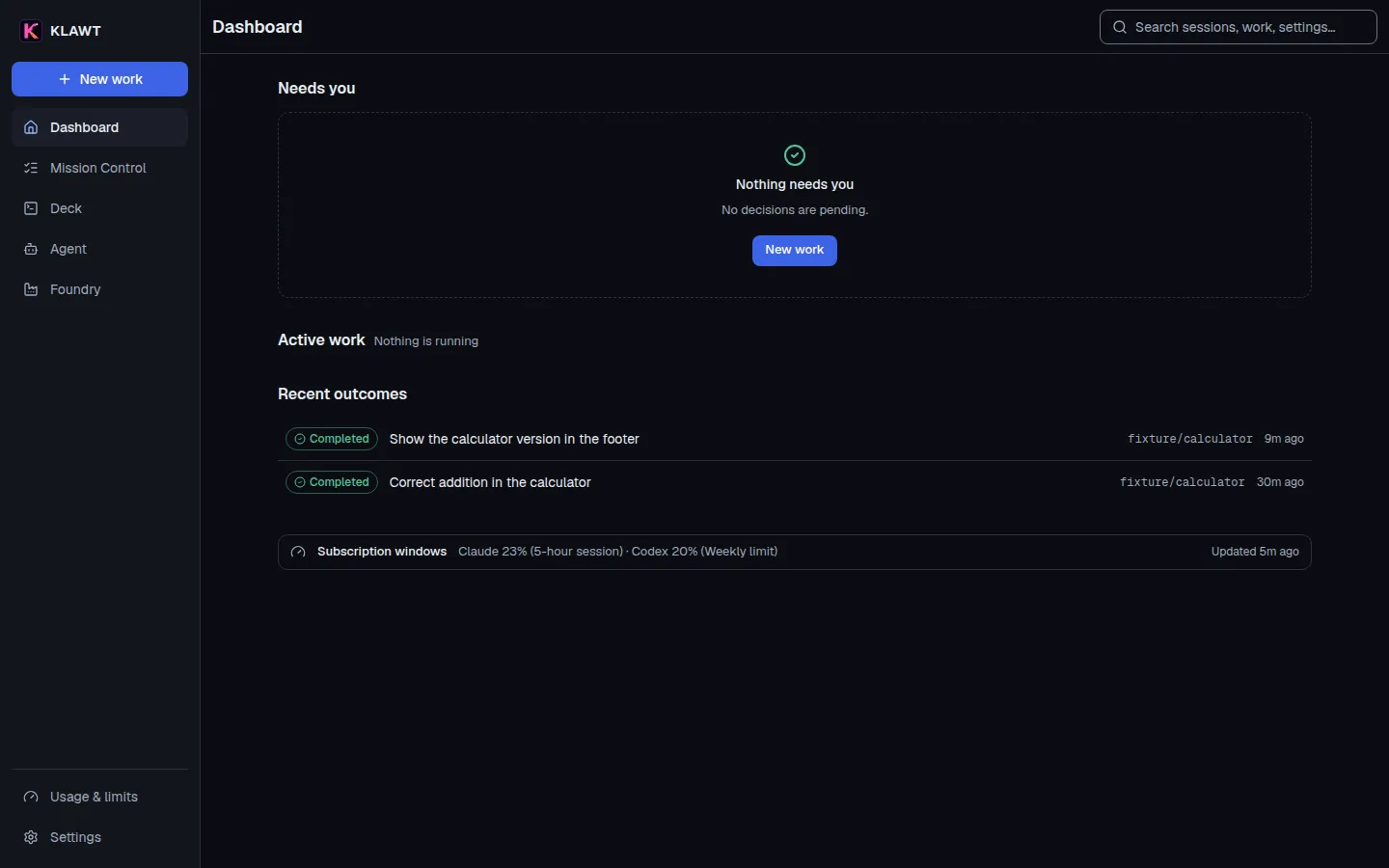 KLAWT dashboard showing active work and recent outcomes