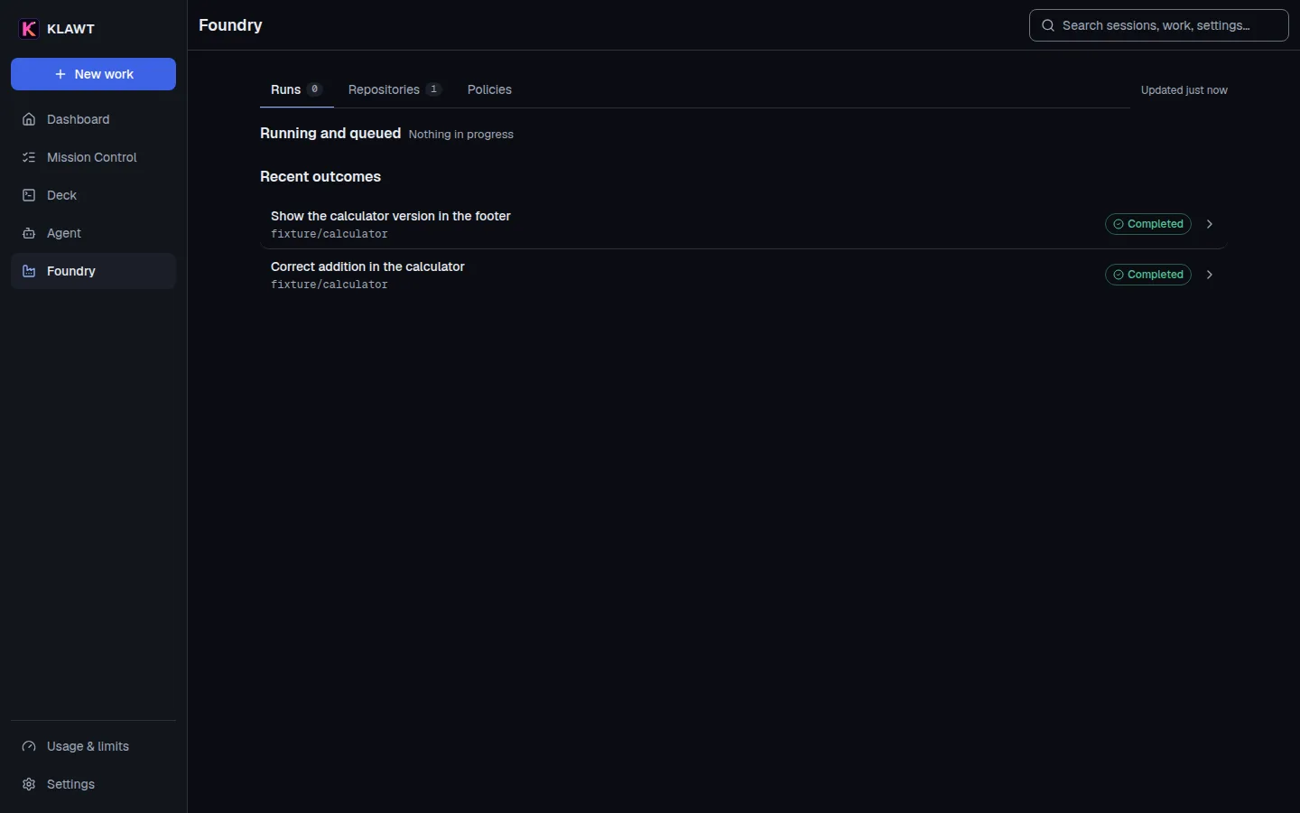 KLAWT foundry view listing completed runs